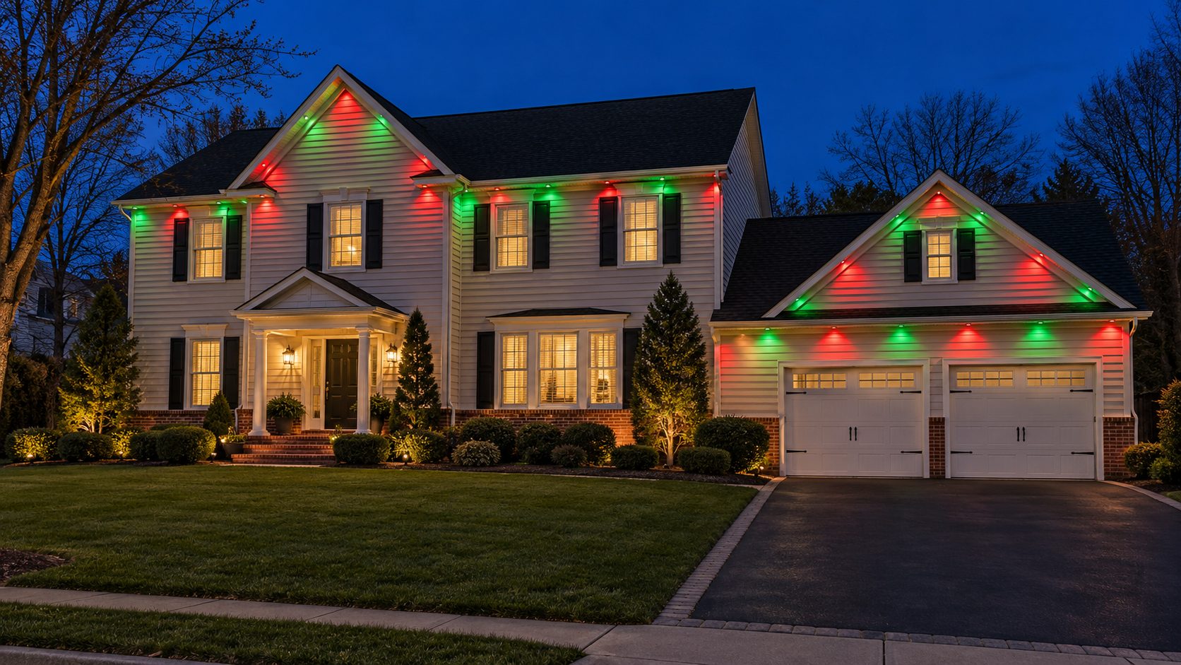 Two-story house with red and green permanent lights under the roofline