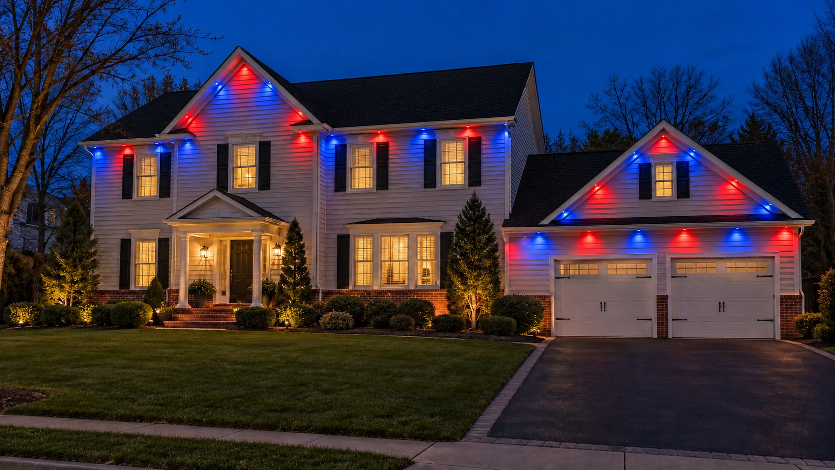 The same house lit red and blue team colors for game day
